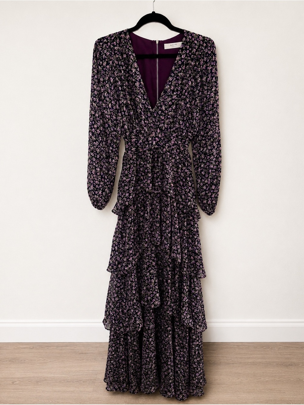 Astr Black and Purple Floral Ruffle Maxi Dress